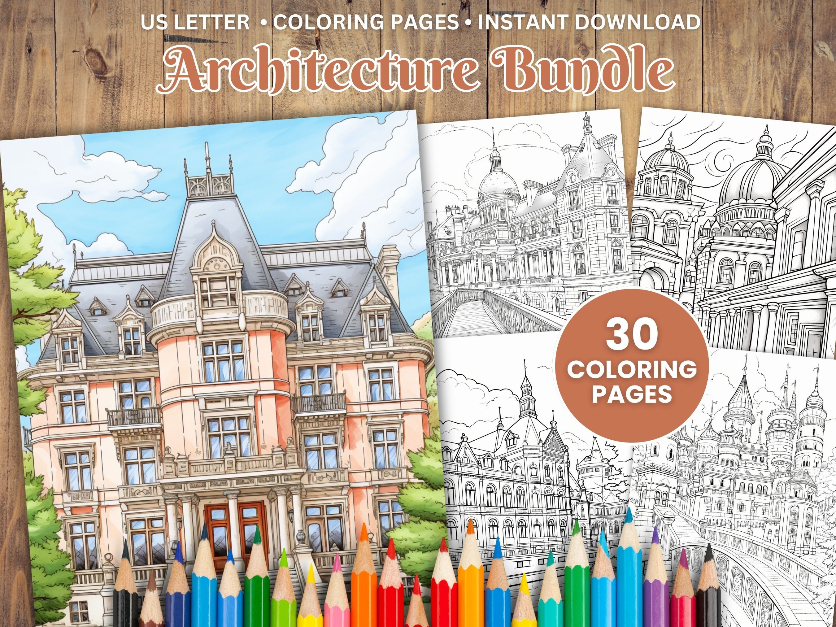 Printable architecture coloring pages buildings coloring book adults kids house coloring pages pdf coloring instant download instant download