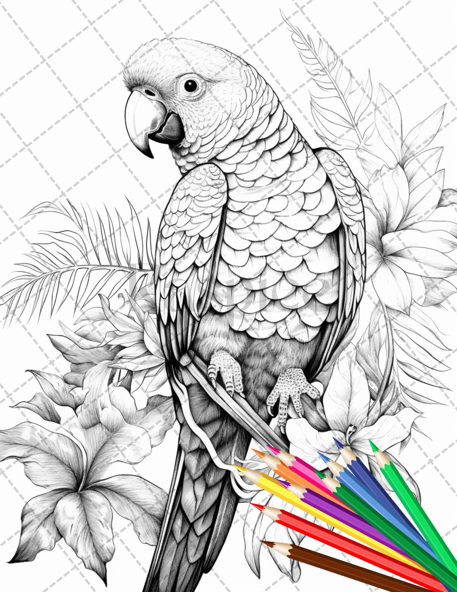 Tropical birds coloring book for adults grayscale coloring page p â coloring