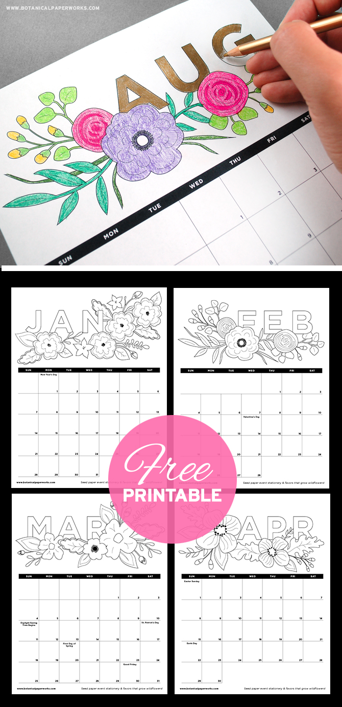 Free printables adult coloring book calendar