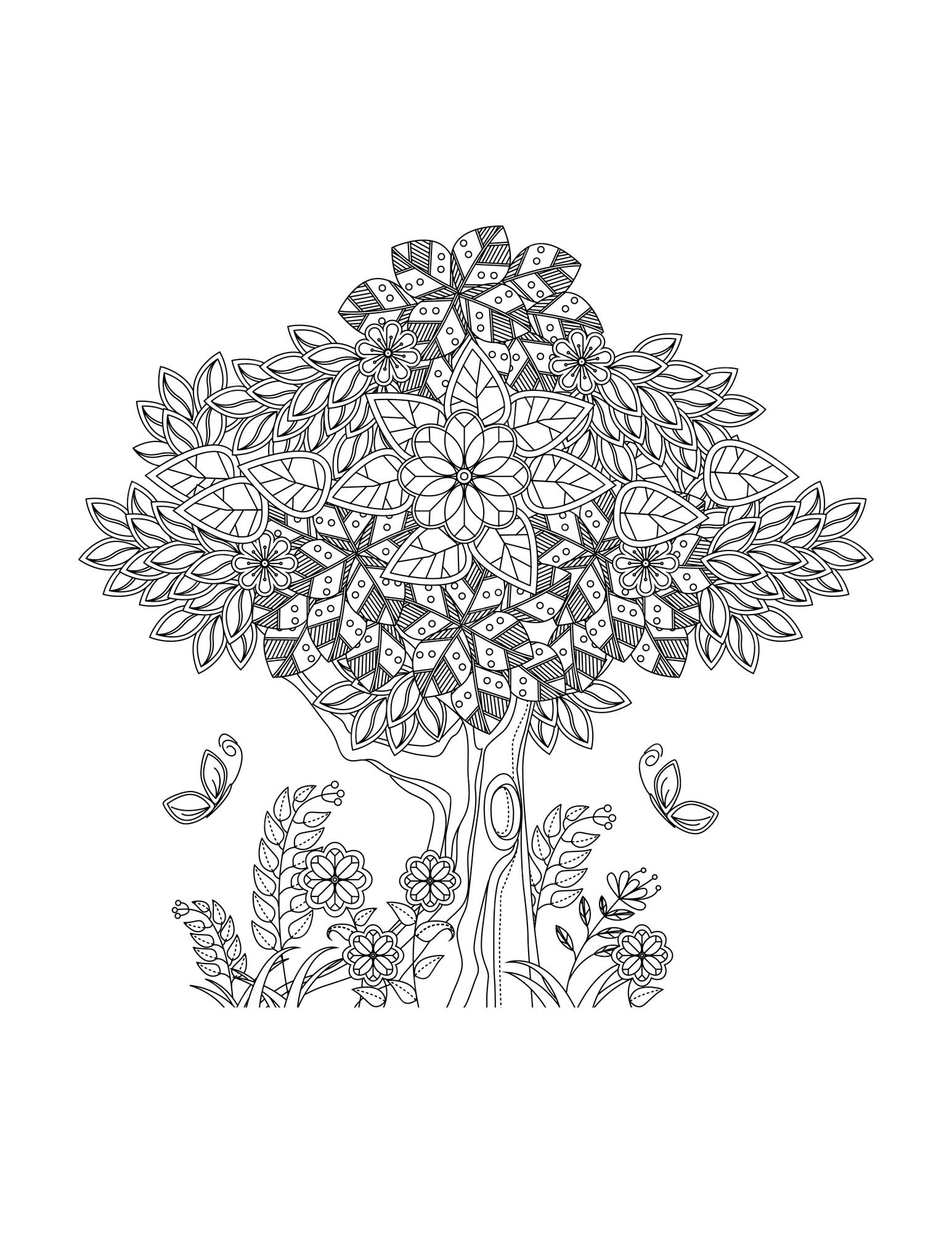 Premium vector tree in a flower leaves zentangle arts for kids and adult coloring page and coloring book