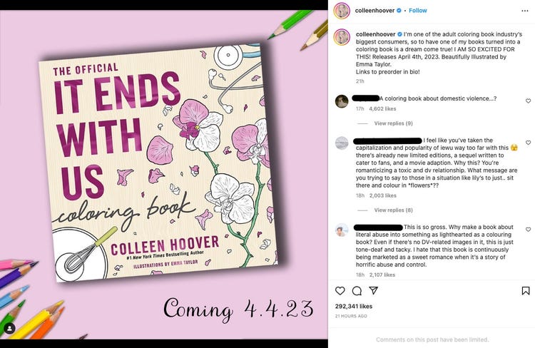 Colleen hoover responds to it ends with us coloring book criticism