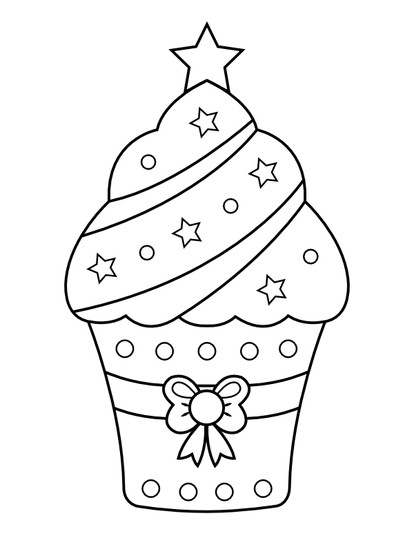 Printable star and bow cupcake coloring page