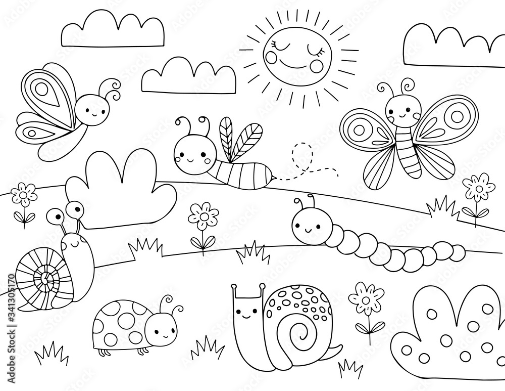 Cute cartoon bugs coloring page for kids vector black line illustration bug insect bee butterfly snail vector
