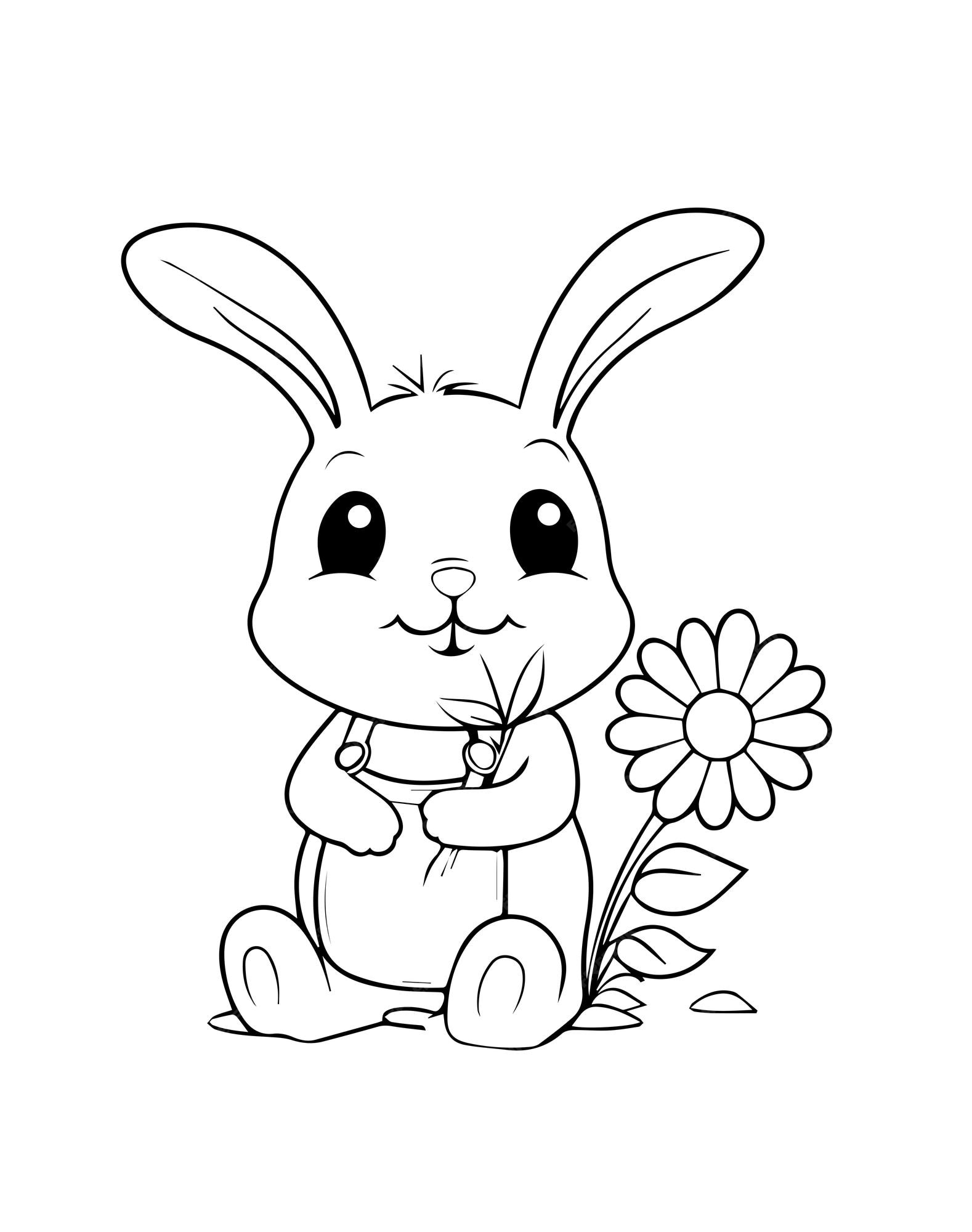 Premium vector printable cute rabbit coloring page outline big flower