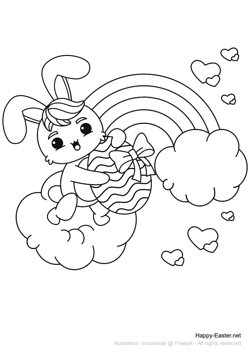 Free printable coloring page easter bunny in front of a rainbow