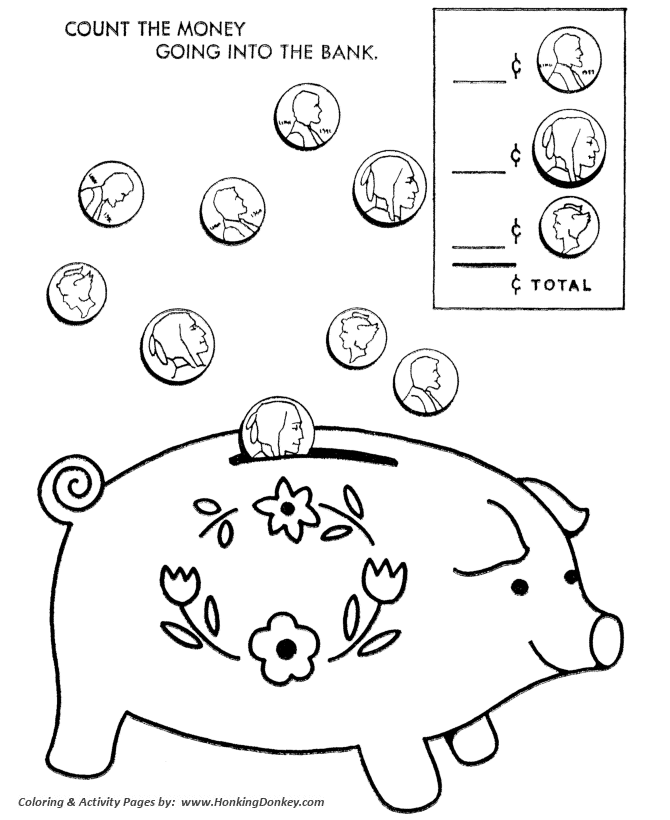 Toy animal coloring pages count the money piggy bank kids activity sheet