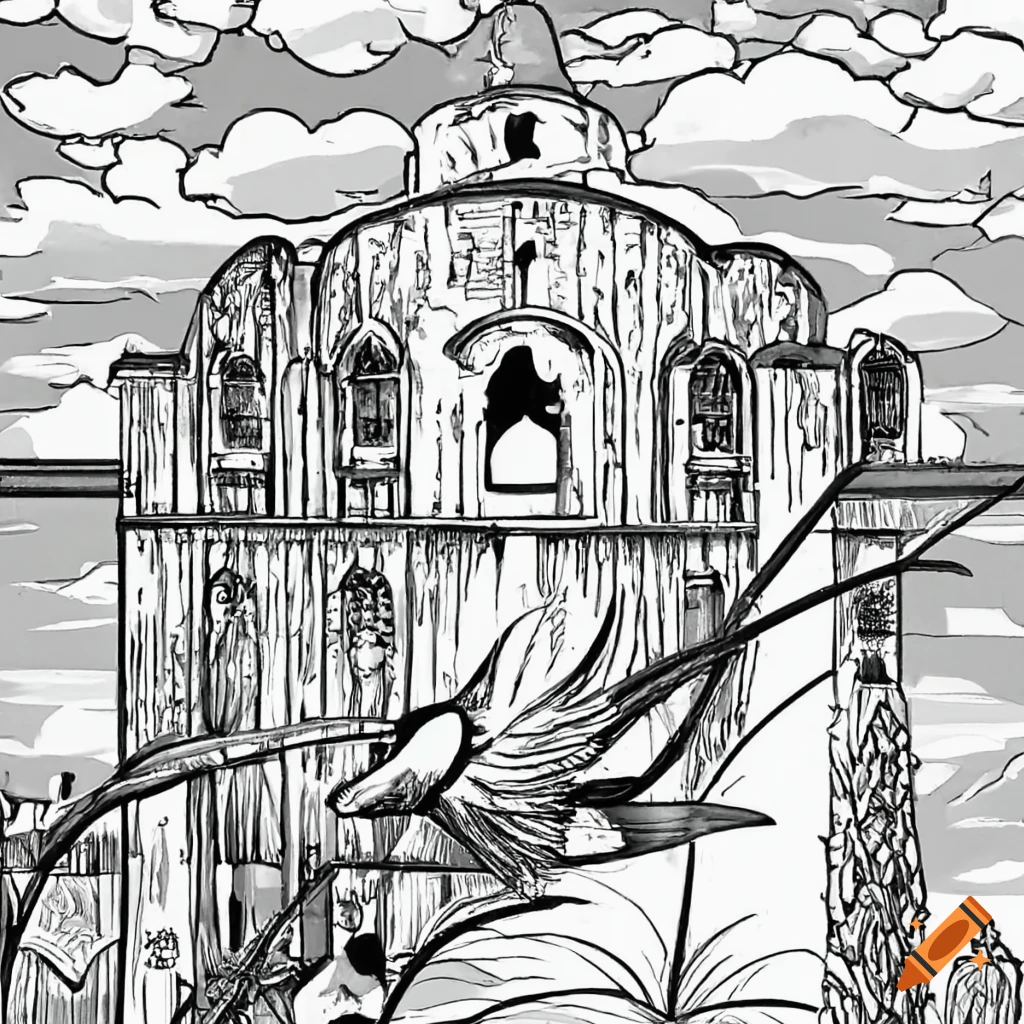 Black and white coloring page of mission san juan capistrano ca on swallows day on