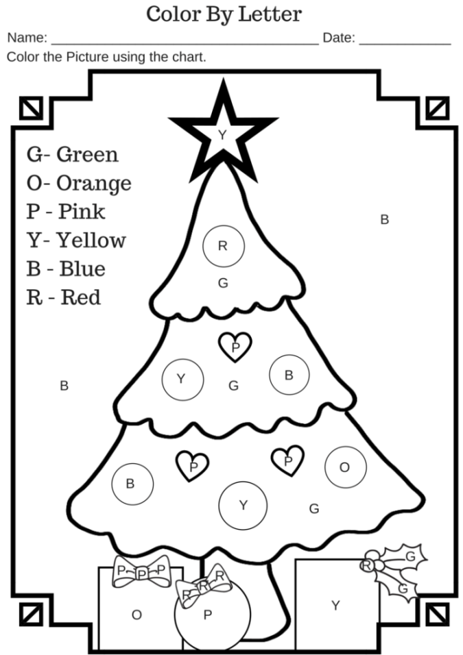 Color by letter christmas tree free printable worksheet â miniature masterminds