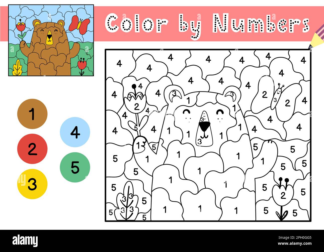 Color by numbers game for kids coloring page with a cute bear and flowers stock vector image art