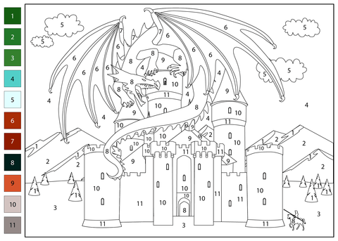 Dragon and castle color by number coloring page free printable coloring pages
