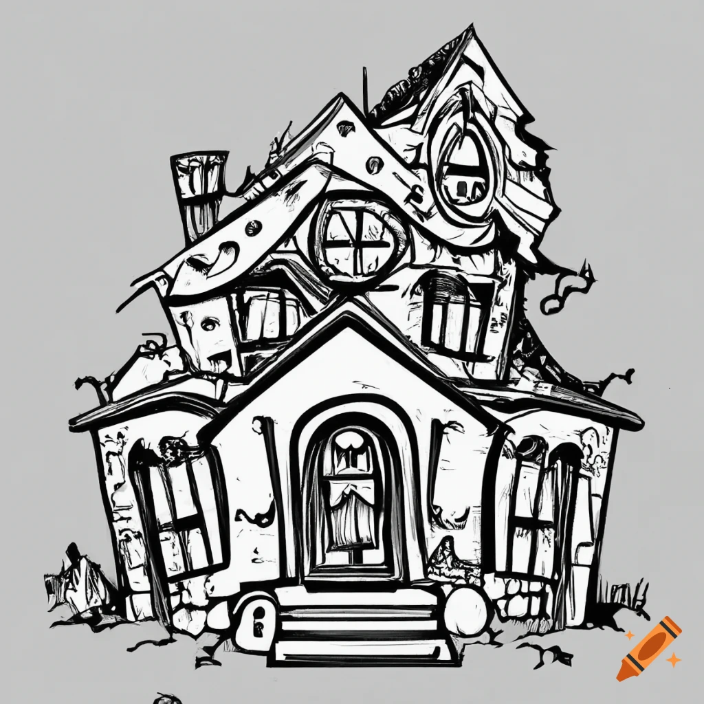 Coloring pages for kids haunted house cartoon style thick lines low detail black and white no shading
