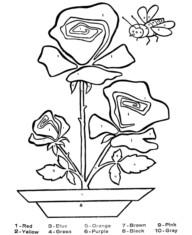 Color by number coloring page learn to color by following the color numbers red rose and a bee coloring page activity sheet