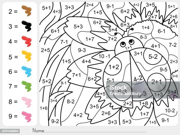 Paint color by numbers addition and subtraction worksheet for education stock illustration