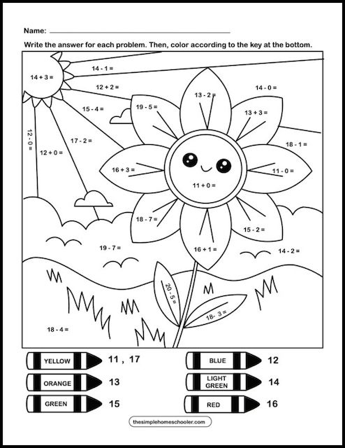 Free mixed addition and subtraction color by number worksheets