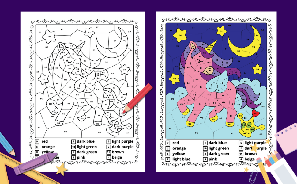 Color by number addition and subtraction mermaids and unicorns math coloring book meducolara books