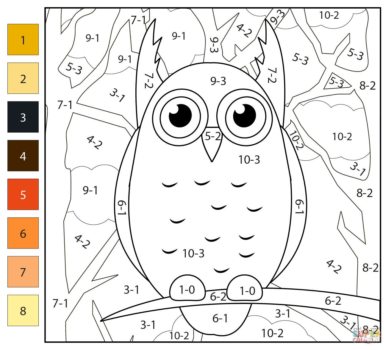 Subtraction color by number owl free printable coloring pages