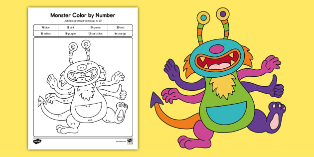 Monsters addition and subtraction to color by number activity