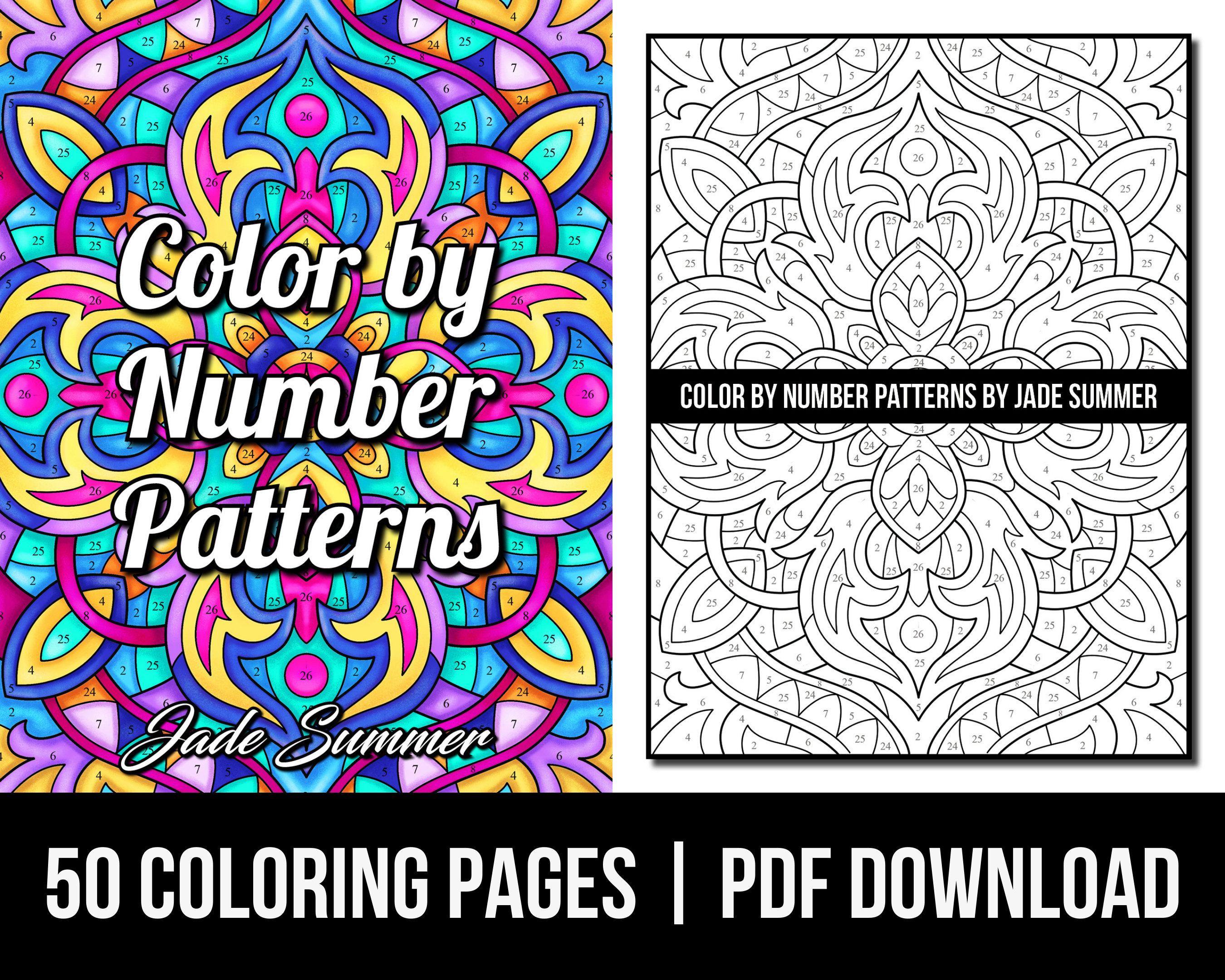 Color by number coloring pages patterns adult coloring book by jade summer digital coloring pages printable pdf download