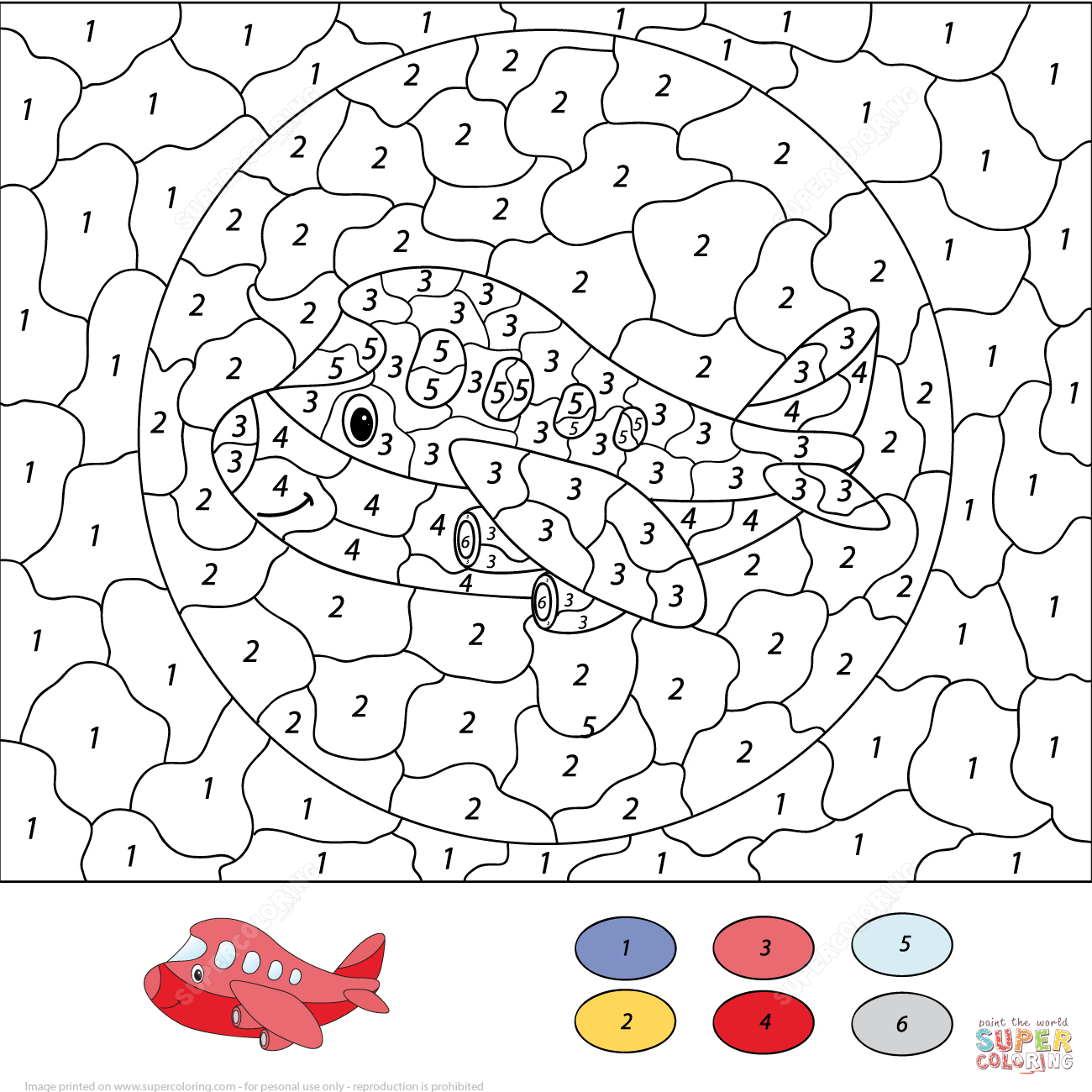 Cartoon airplane color by number free printable coloring pages