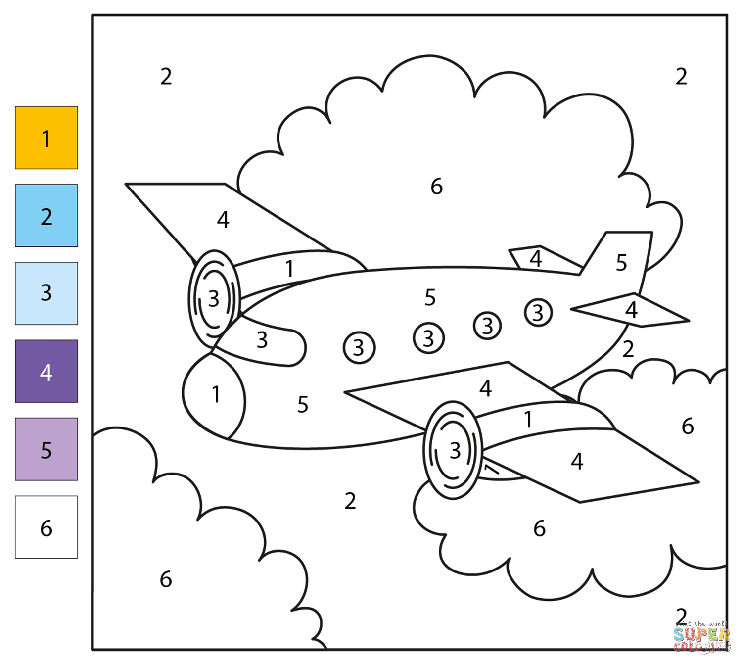 Airplane color by number free printable coloring pages