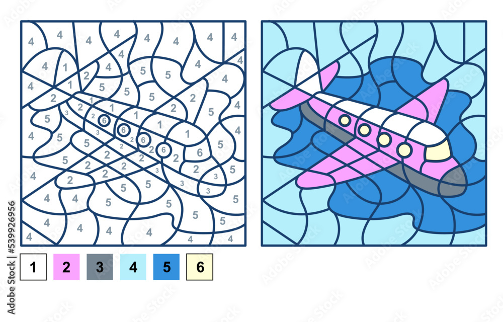 Puzzle game airplane color by number sheet for children vector coloring page for learning numbers vector