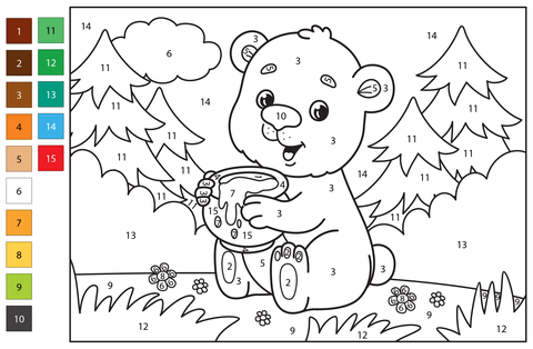 Bear color by number free printable coloring pages