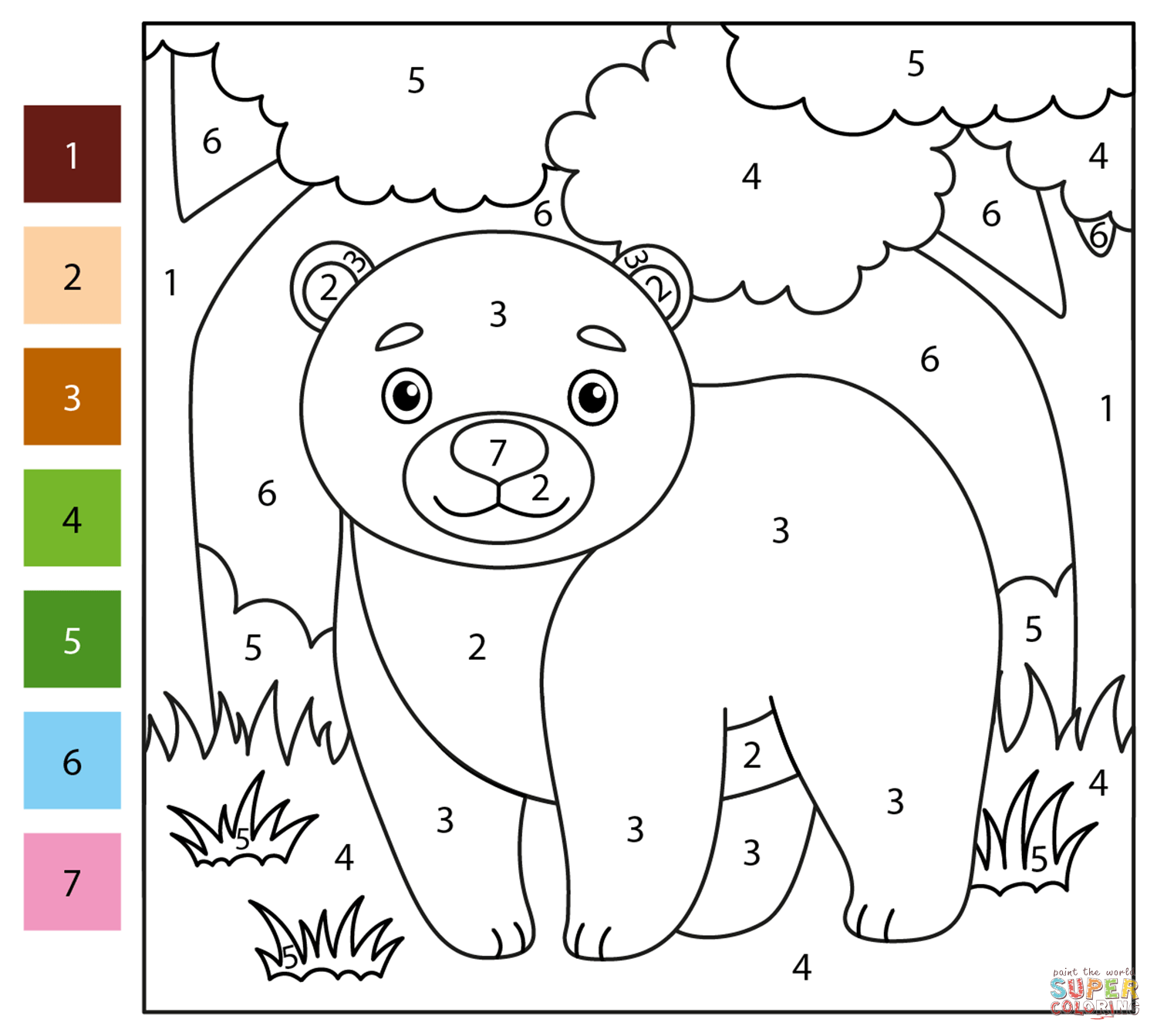 Bear color by number free printable coloring pages