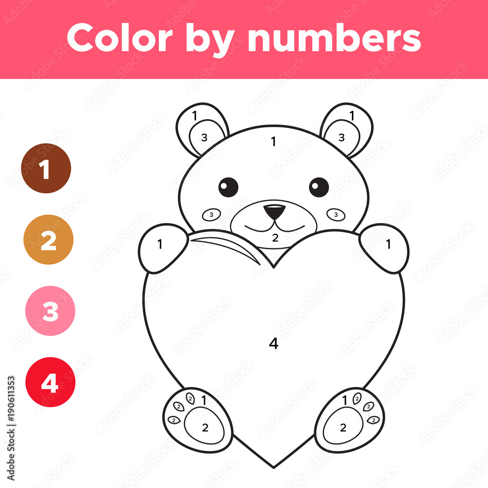 Color by numbers for preschool kids valentines day cartoon kawaii bear with heart coloring page or book educational math game vector illustration vector