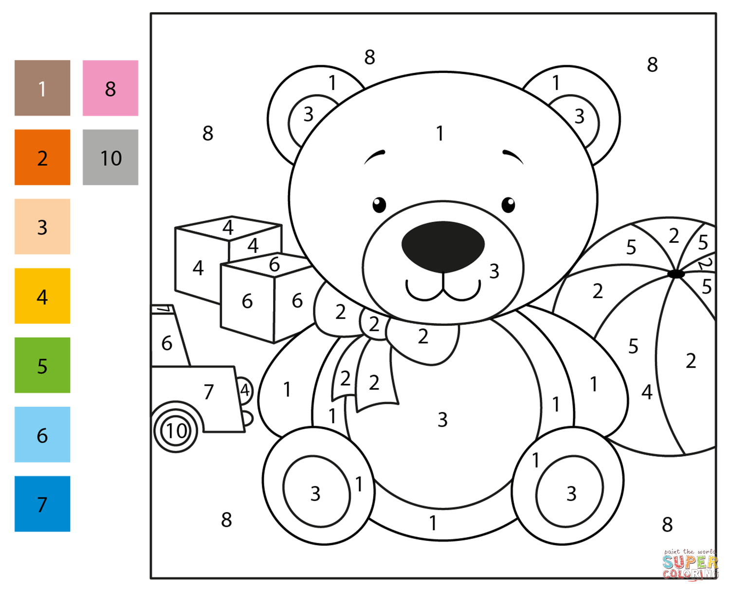 Teddy bear color by number free printable coloring pages
