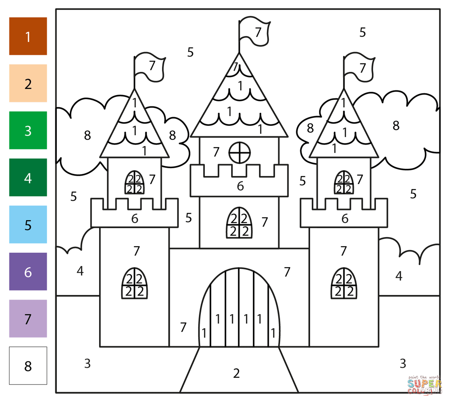 Castle color by number free printable coloring pages