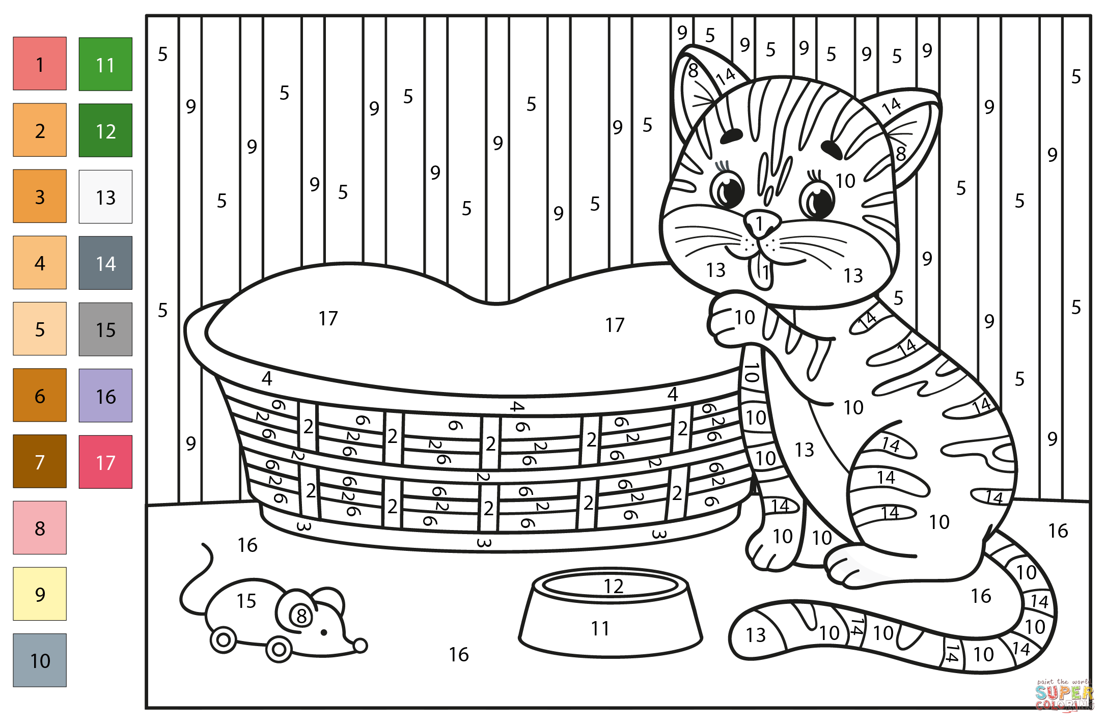 Cat color by number free printable coloring pages