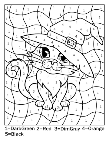 Premium vector halloween color by number coloring page for kids and adults