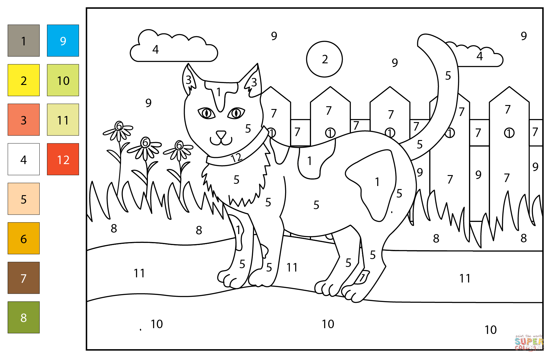 Cat color by number free printable coloring pages