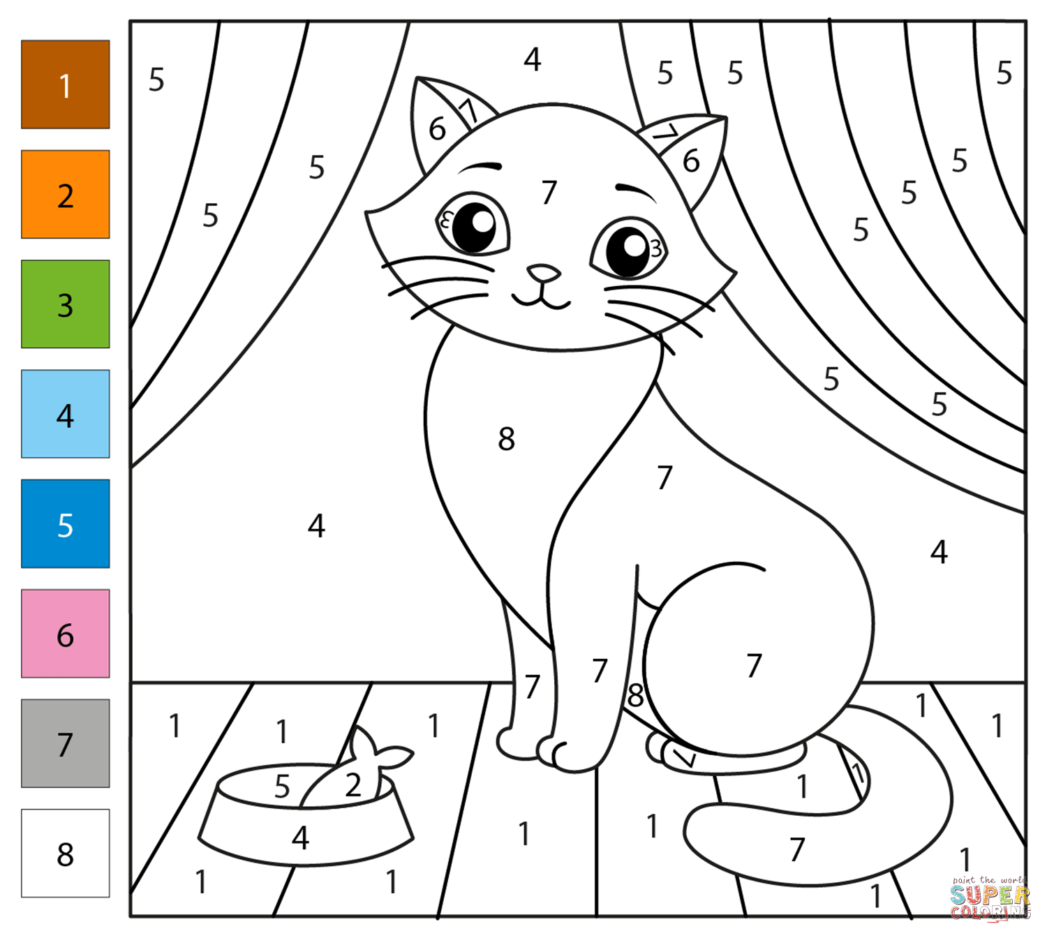 Cat color by number free printable coloring pages