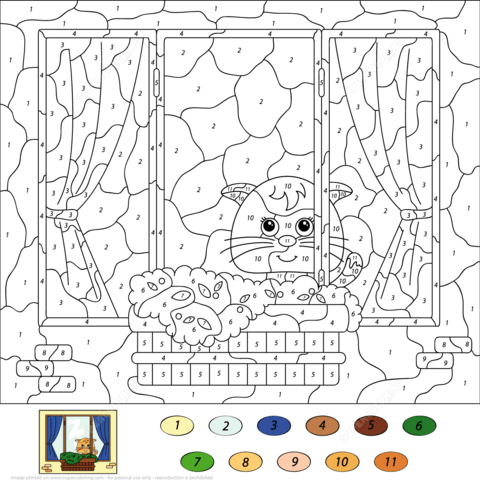 Colorful cat color by number worksheet for kids