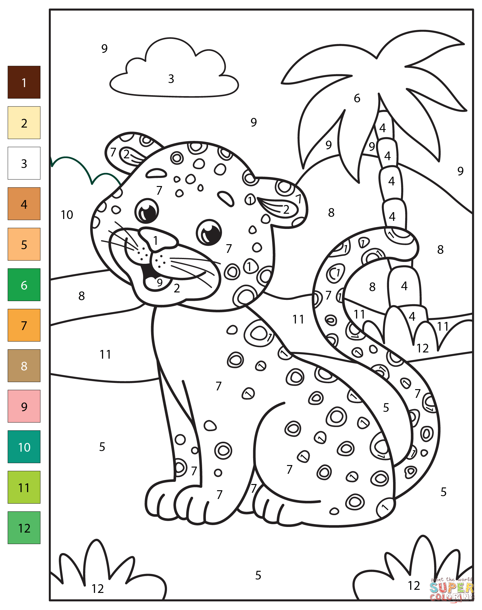 Cheetah color by number free printable coloring pages