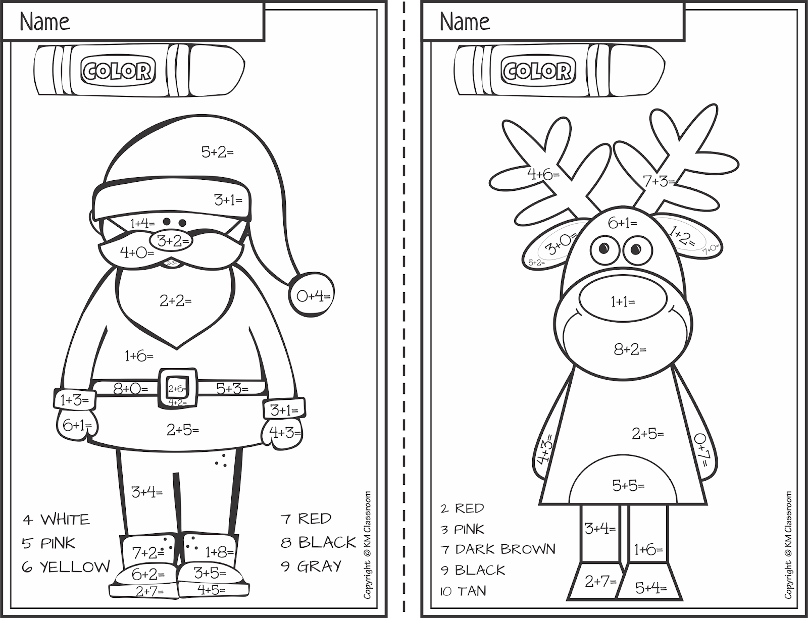 Km classroom free christmas color by number addition within