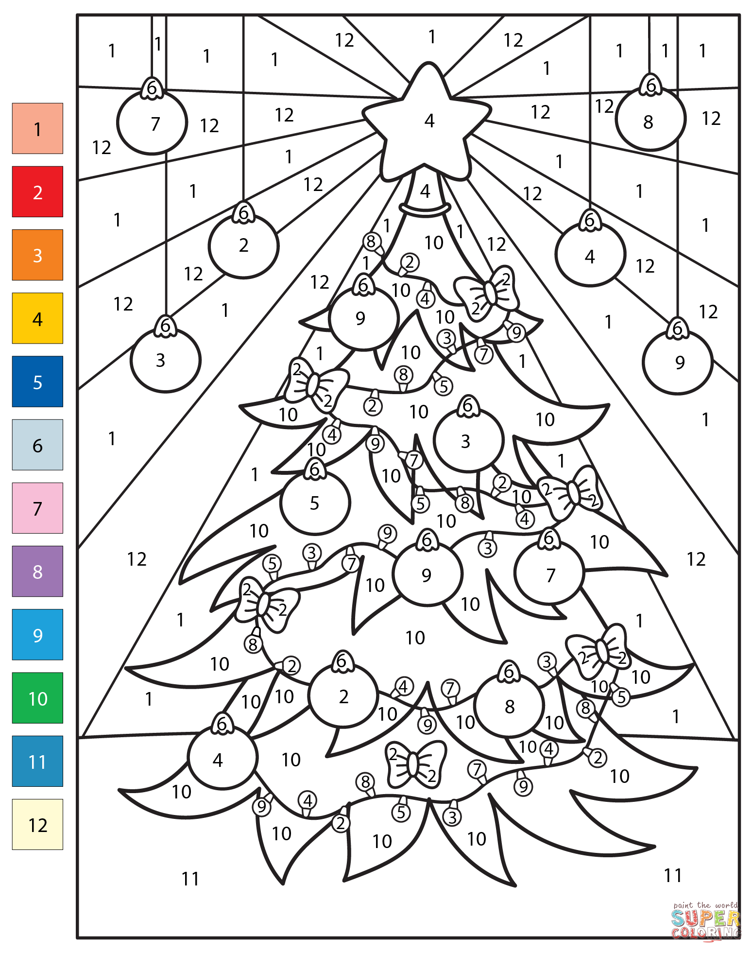 Christmas tree color by number free printable coloring pages