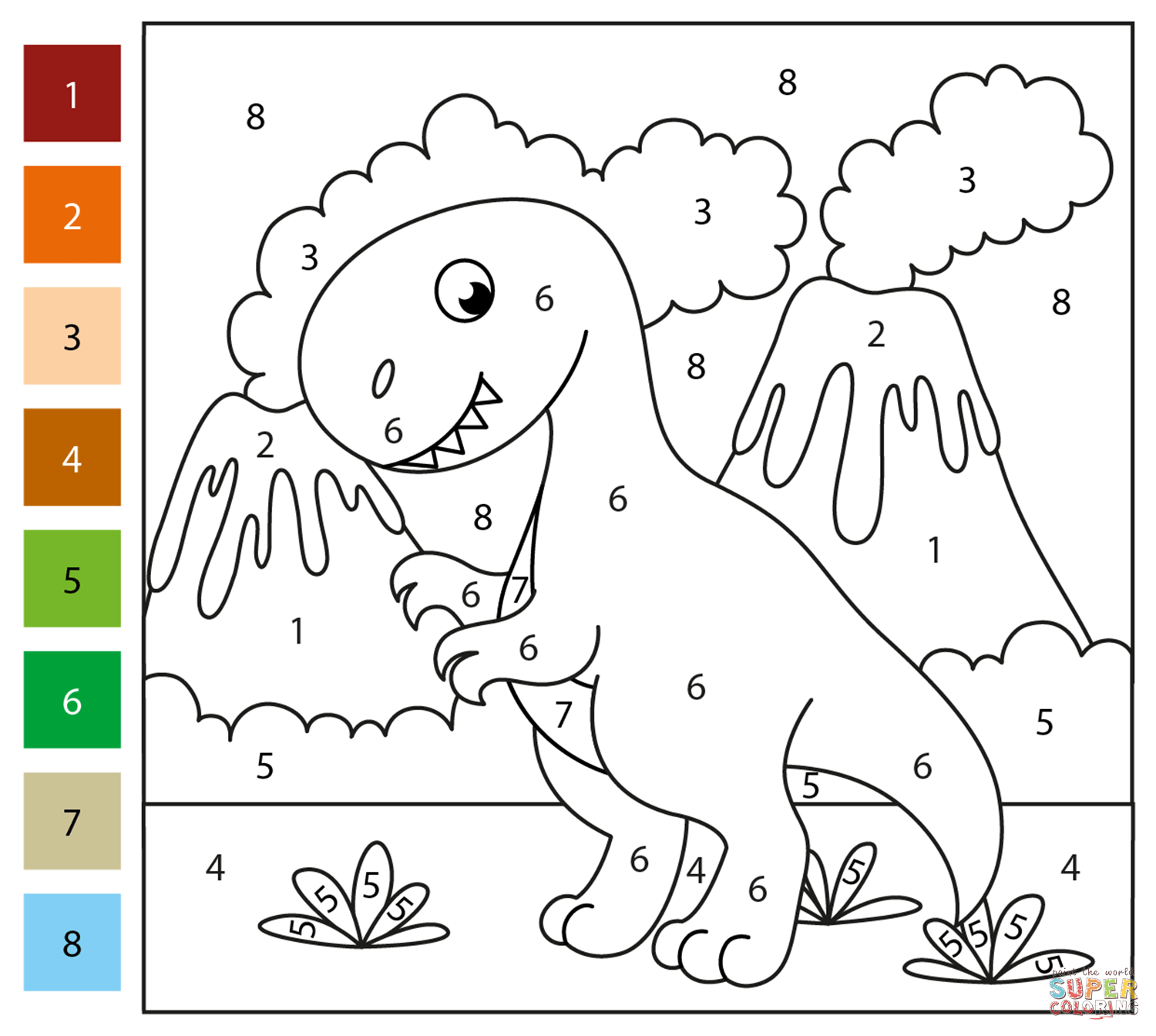 Tyrannosaurus color by number free printable coloring pages