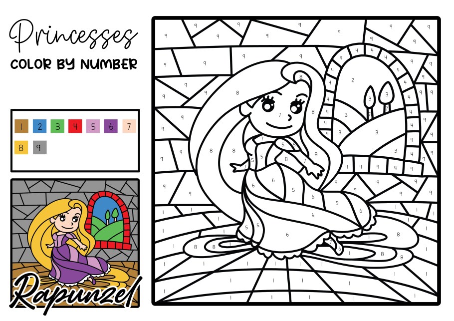 Free printable disney princess lor by number pages