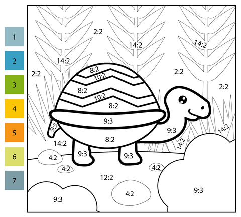 Division color by number turtle free printable coloring pages