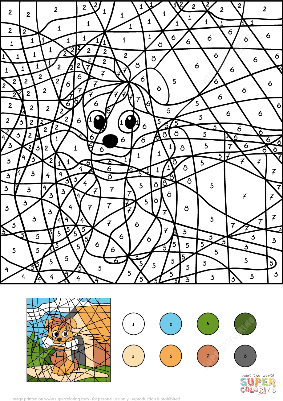 Dog color by number free printable coloring pages