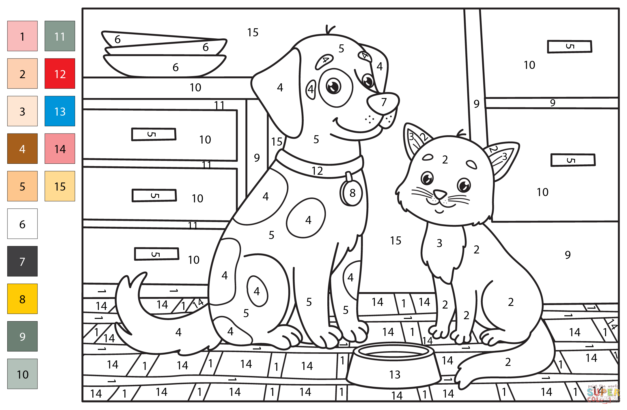 Dog and cat color by number free printable coloring pages