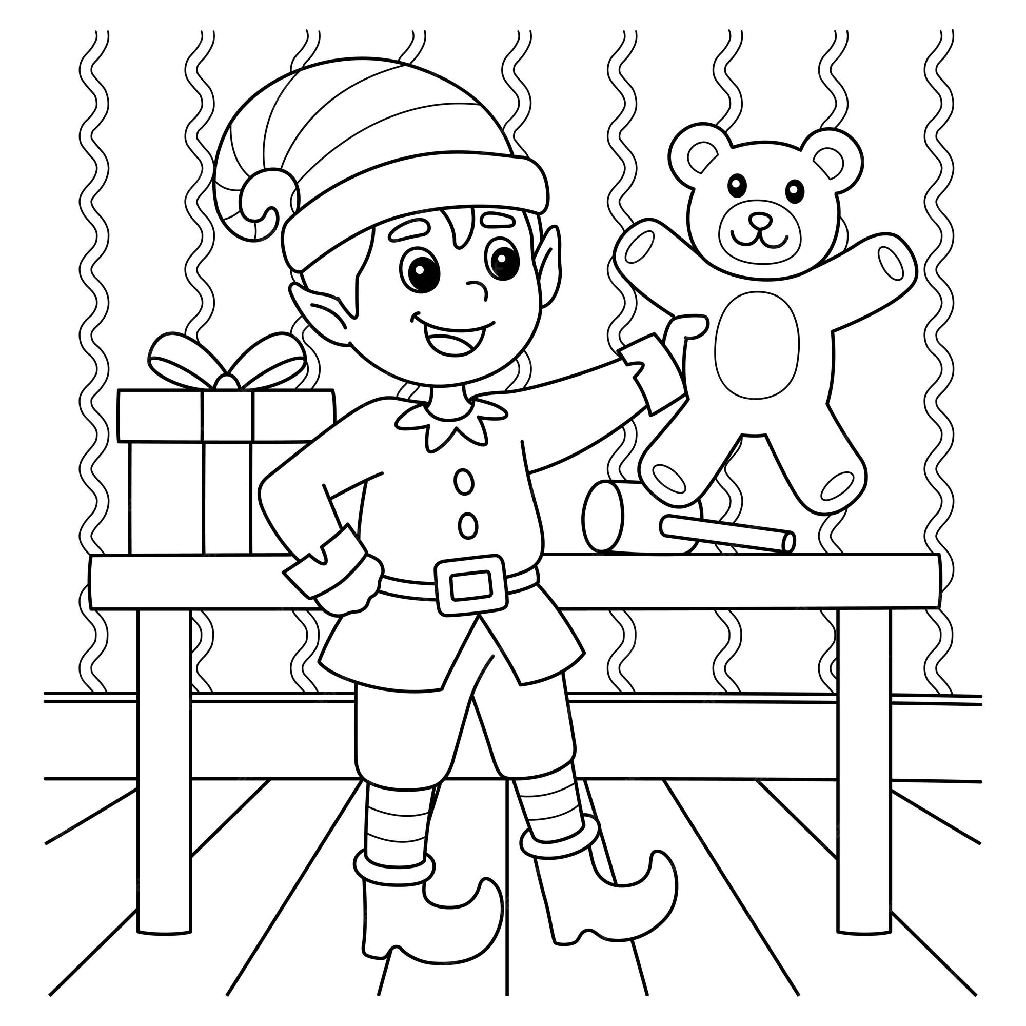 Premium vector christmas elf coloring page for kids
