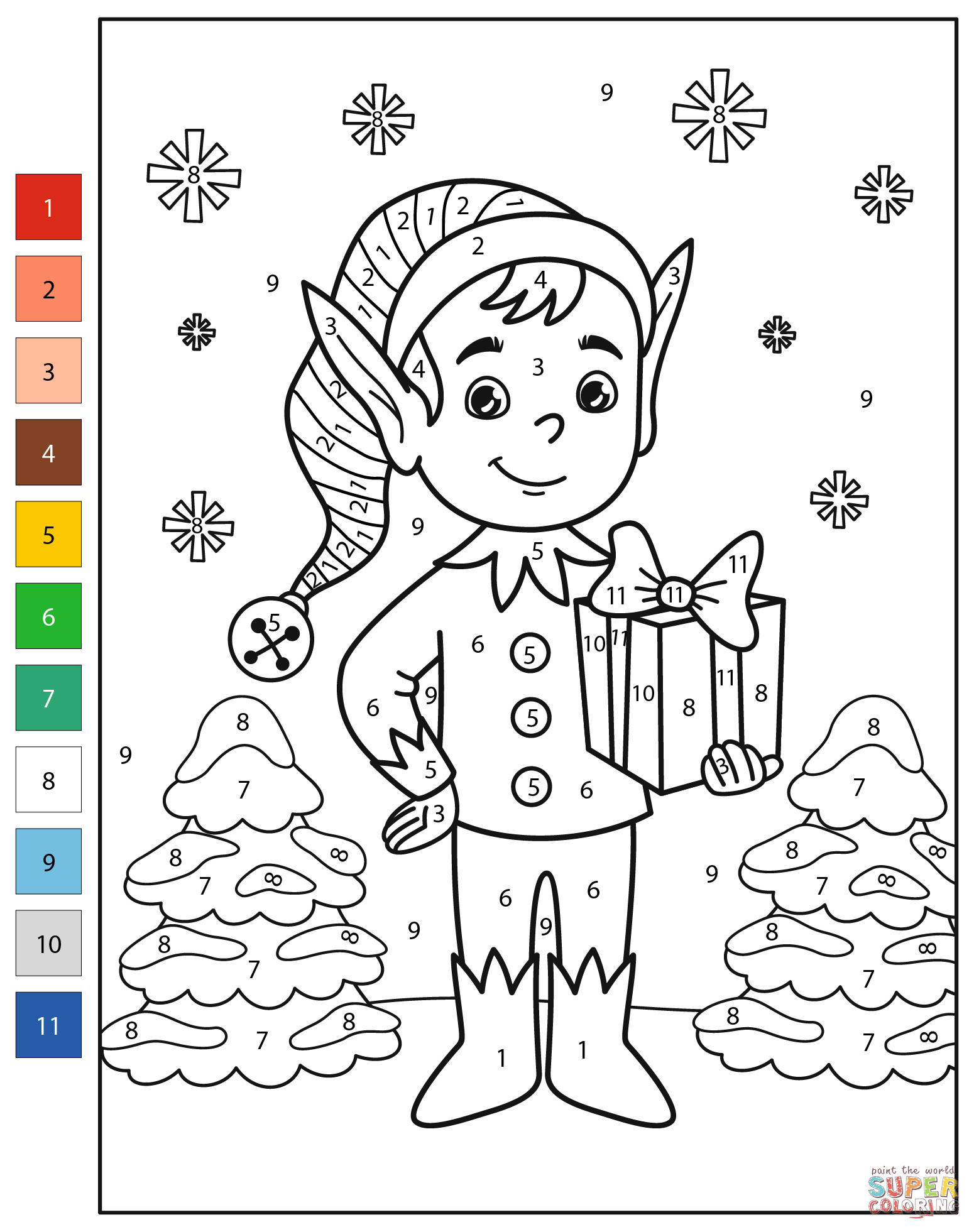 Christmas elf color by number free printable coloring pages