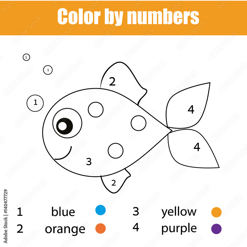 Coloring page with fish character color by numbers educational children game drawing kids activity vector