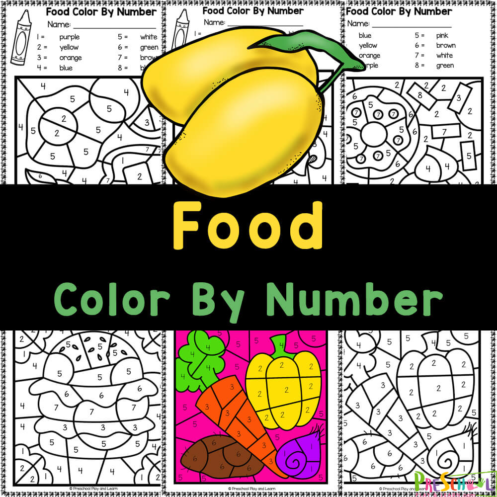 Free printable food color by number worksheets