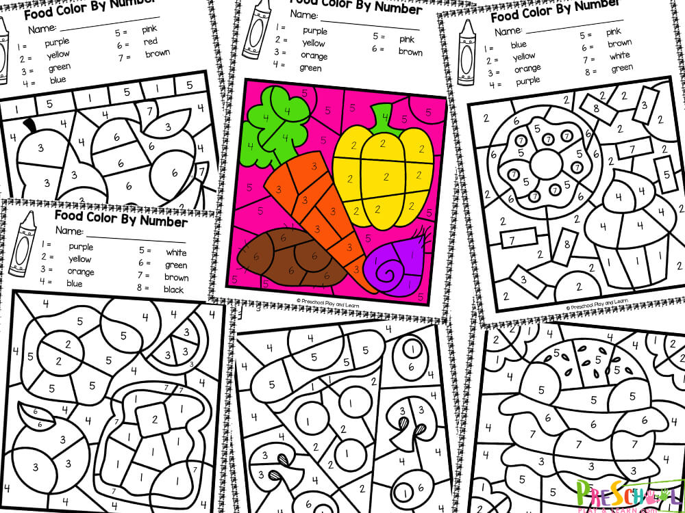 Free printable food color by number worksheets