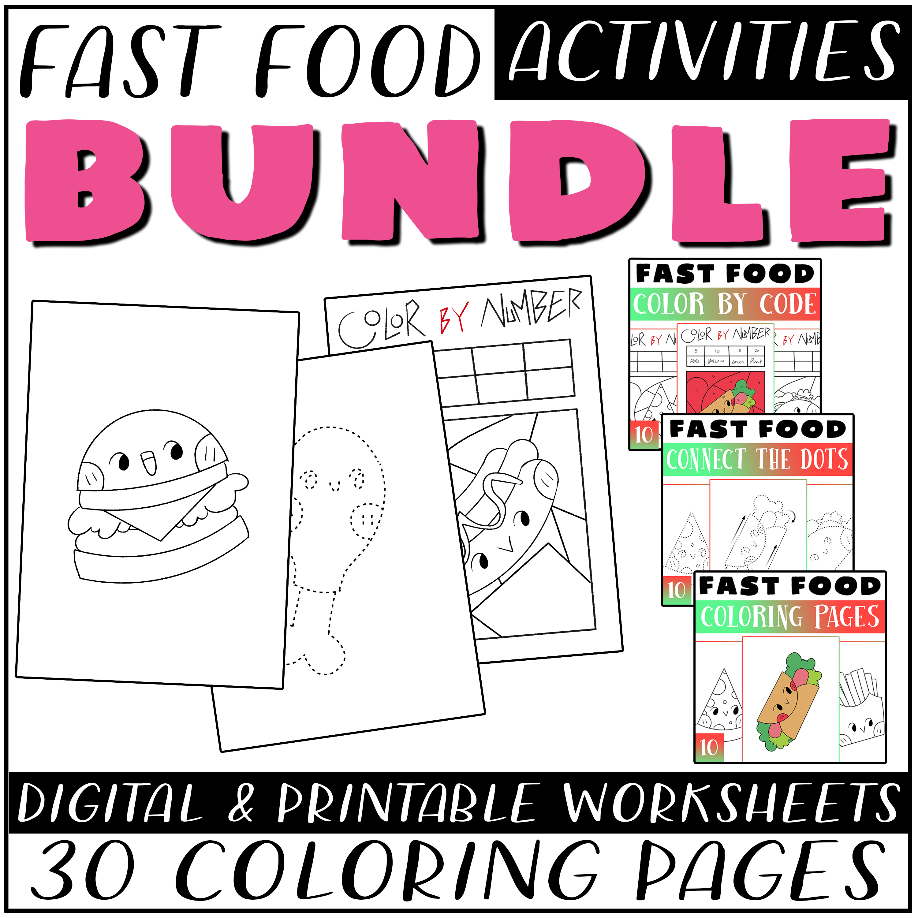 Fast food activity bundle fast food coloring pages color by number dot to dot made by teachers