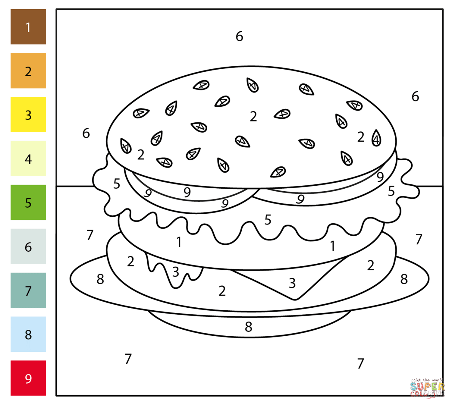 Hamburger color by number free printable coloring pages